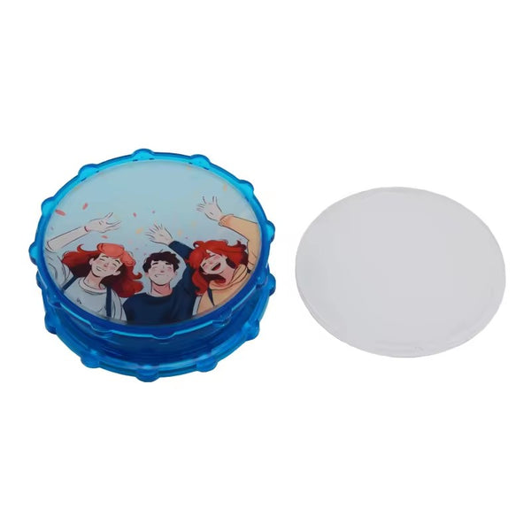Plastic Herb Grinder Sublimation Blank in blue with custom cartoon print, ideal for personalised spice grinding and sublimation craft projects.
