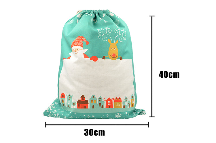 Pre-Printed Linen Drawstring Xmas Sack - 30 x 40 cm - Green Small