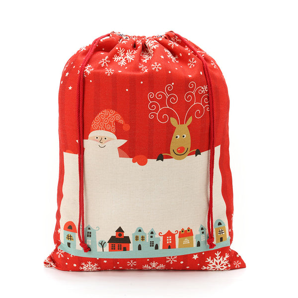 Pre-Printed Linen Drawstring Xmas Sack - 50 x 66 cm - Red Large