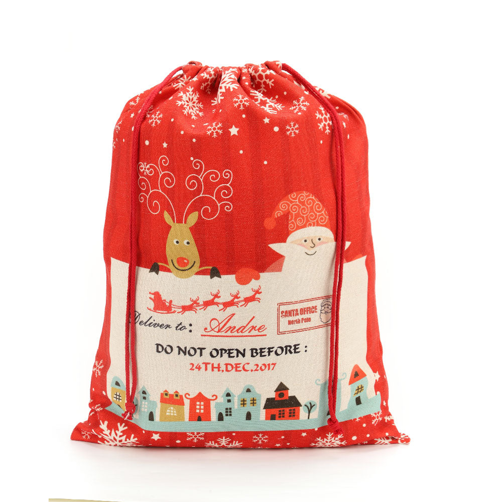 Pre-Printed Linen Drawstring Xmas Sack - 50 x 66 cm - Red Large