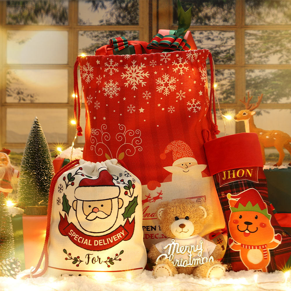 Pre-Printed Linen Drawstring Xmas Sack - 50 x 66 cm - Red Large