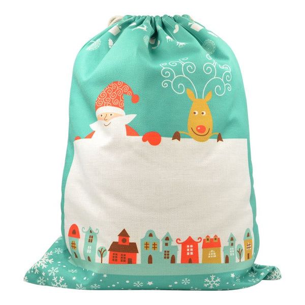 Pre-Printed Linen Drawstring Xmas Sack - 50 x 66 cm - Green Large