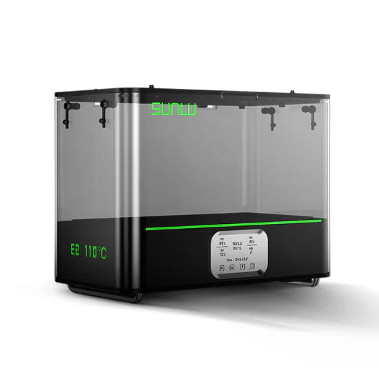 SUNLU FilaDryer E2 filament dryer with transparent enclosure and digital control panel for 3D printing filament moisture removal.
