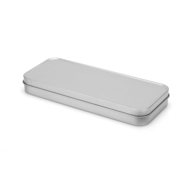Silver Metal Stationary Tin with smooth matte finish, ideal for sublimation printing and organizing pens or pencils in office or school settings.
