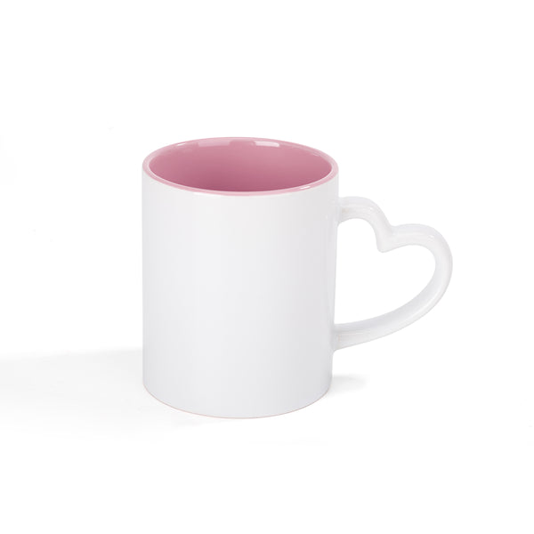 Single 11oz Love Heart Handled mug Pink Inner with white ceramic exterior and heart-shaped handle, ideal for sublimation printing.