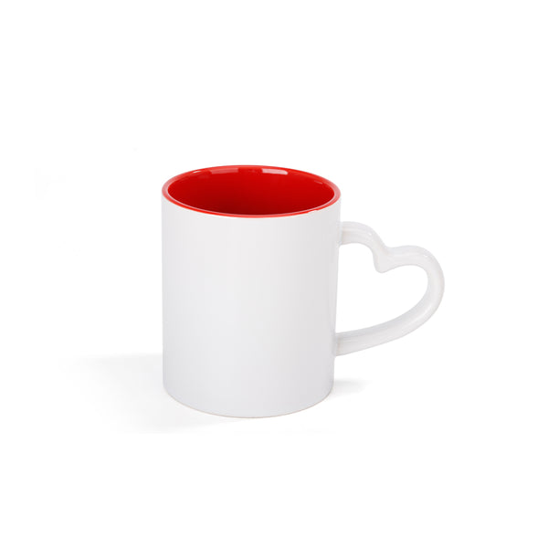 Single 11oz Love Heart Handled mug with red inner and white ceramic exterior, ideal for sublimation printing and personalized gifts.