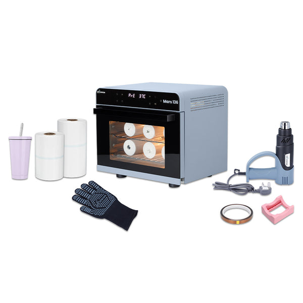 Mars 136 Sublimation Oven 36L with accessories including gloves, heat gun, tape, and sublimation paper for mug printing. Ideal for industrial heat press use.