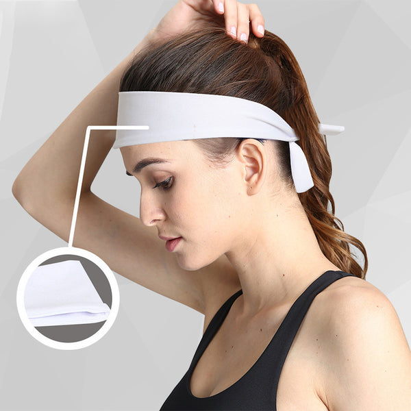 Sublimation Blank Headband - 6 x 73cm shown worn by a woman, highlighting its soft polyester fabric and perfect fit for workouts or custom printing.