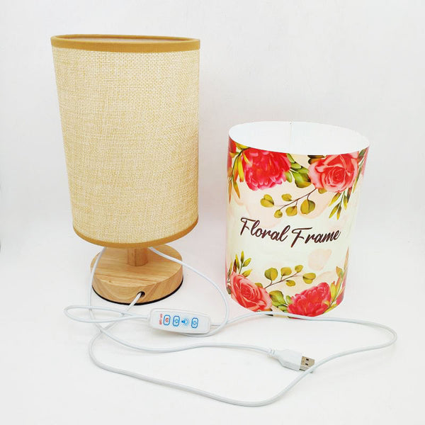 Sublimation wood base desktop USB night lamp with floral frame shade and USB control switch, ideal for bedside or workspace lighting.