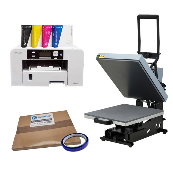 A3 Hobby Press Intermediate Starter Kit Sawgrass includes a Sawgrass sublimation printer, flat heat press, sublimation paper, and heat tape for custom printing.