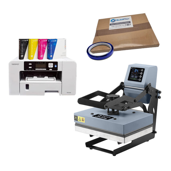A4 Hobby Press Beginner Starter Kit Sawgrass with sublimation printer, heat press, sublimation paper, and tape for DIY custom printing projects.