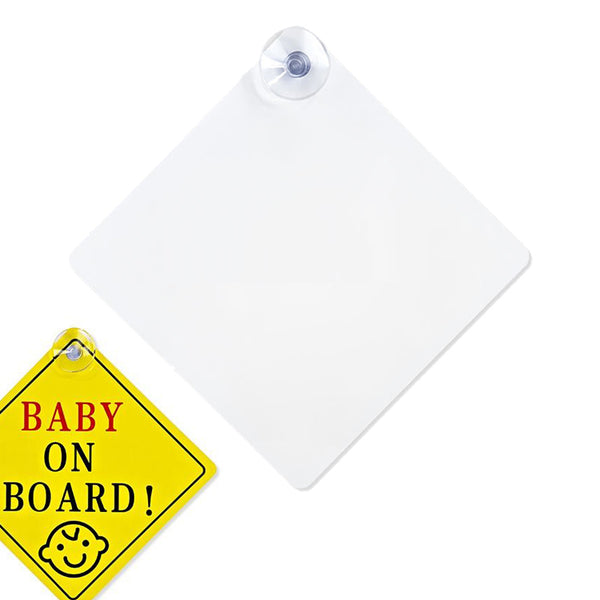 Sublimation Blank Aluminium Car Sign with suction cup, 14x14cm square, ideal for custom baby on board or safety messages in vehicles.