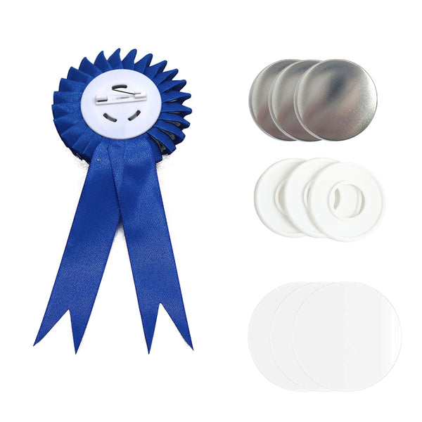 10x Rosette - Blue - 58mm Badge set with blue ribbon, brooch pin back, and badge-making components including metal fronts, plastic backs, and clear covers.
