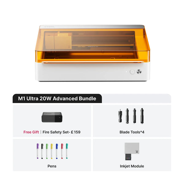 xTool M1 Ultra 20W Advanced Bundle with fire safety set, blade tools, pens, and inkjet module for cutting, engraving, and printing crafts.