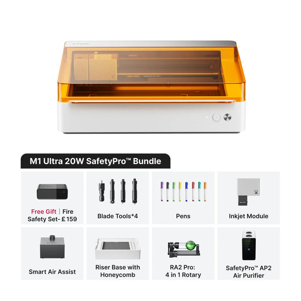 xTool M1 Ultra 20W SafetyPro Bundle with laser cutter, blade tools, pens, inkjet module, rotary tool, and air purifier for crafting versatility.