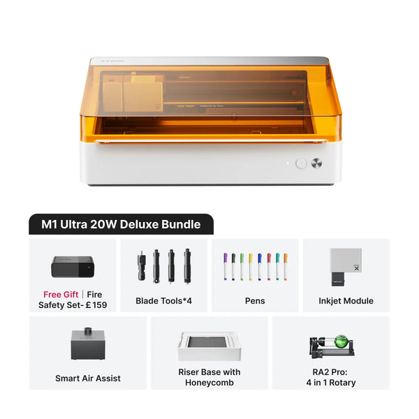 xTool M1 Ultra 20W Deluxe Bundle includes 4-in-1 laser craft machine with blade tools, pens, inkjet module, air assist, and rotary tool for cutting and engraving.