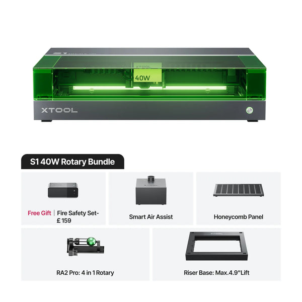 xTool S1 40W Laser Cutter & Engraver Rotary Bundle with fire safety set, smart air assist, honeycomb panel, rotary tool, and riser base for crafting.