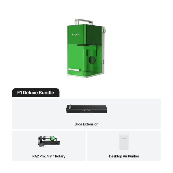 xTool F1 Portable High speed laser - Deluxe Bundle with slide extension, RA2 Pro rotary tool, and desktop air purifier for precision engraving.