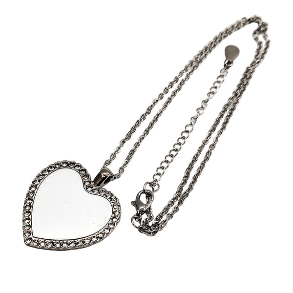 Blank heart-shaped sublimation pendant necklace with rhinestone border for laser engraving.