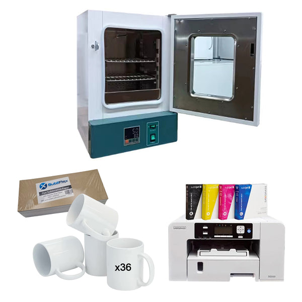 Small Oven 20L Expert Starter Kit With Sawgrass includes sublimation oven, Sawgrass SG500 printer, 36 mugs, inks, and sublimation paper for custom printing.