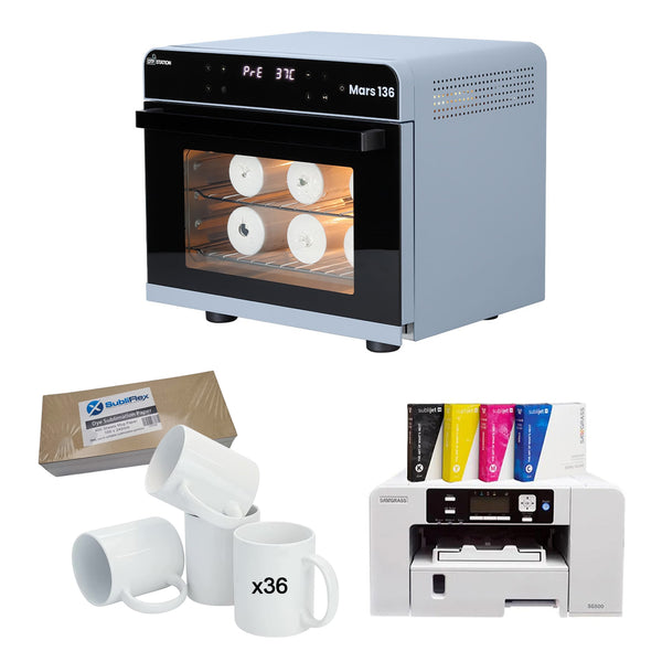 Mars 136 Sublimation Oven 36L Starter Kit with Sawgrass SG500 printer, sublimation paper, 36 white mugs, and ink cartridges for custom printing.