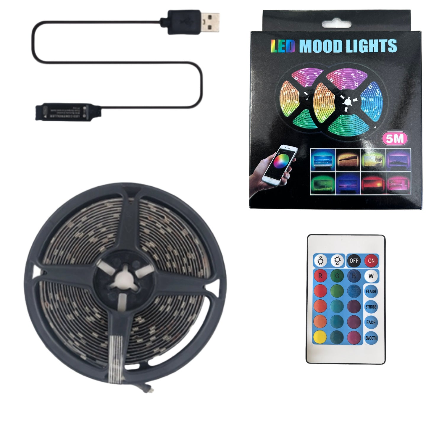 RGB LED strip controlled by smartphone app and remote control via Bluetooth