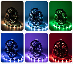 RGB LED strip showing multiple color options including blue, green, red, and purple