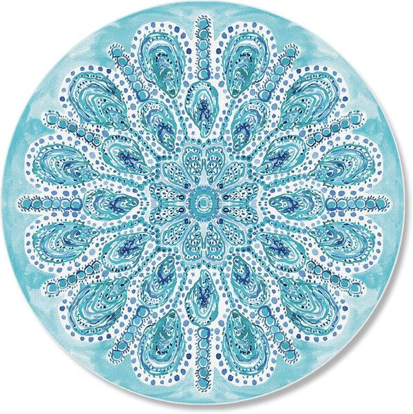 12" round toughened glass sublimation chopping board with intricate blue mandala design, ideal for custom kitchen decor or personalized gifts.