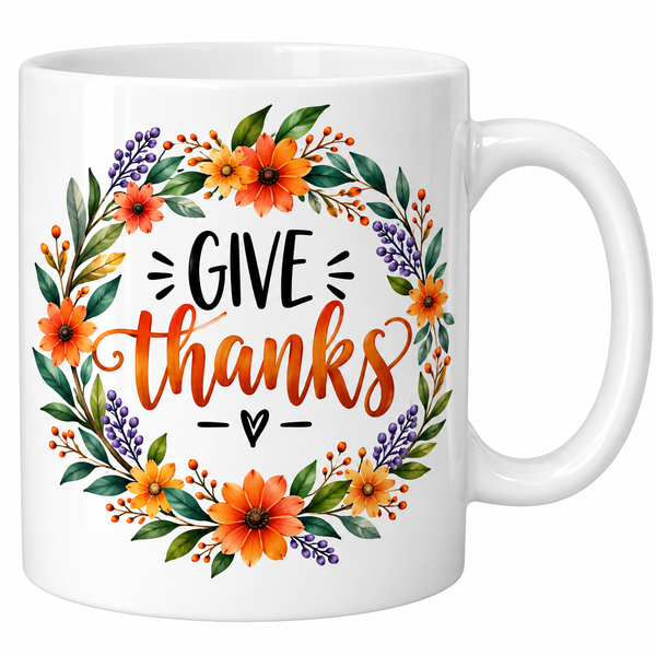 11oz Orca Coated Glossy Durham Style Mug with 'Give Thanks' floral design, ideal for sublimation printing and dishwasher-safe use.