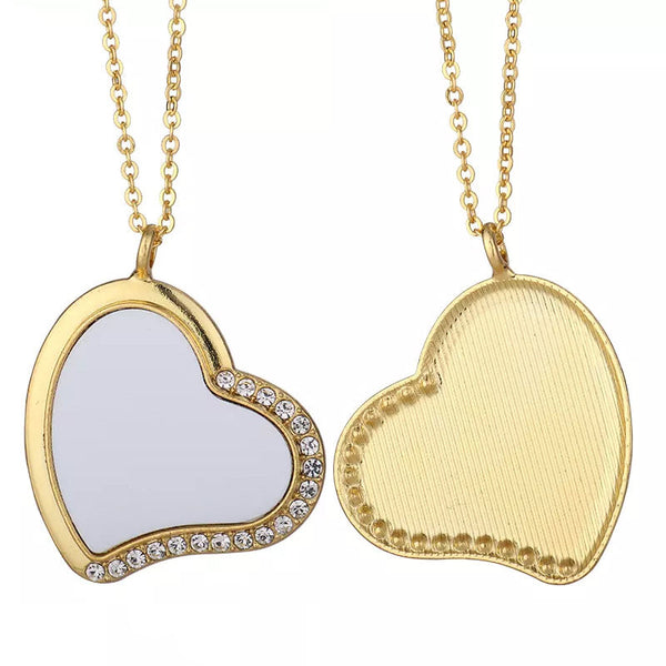 Sublimation Clapperboard Photo Frame heart necklace in gold with rhinestone accents, ideal for personalised jewellery gifts and custom pendants.