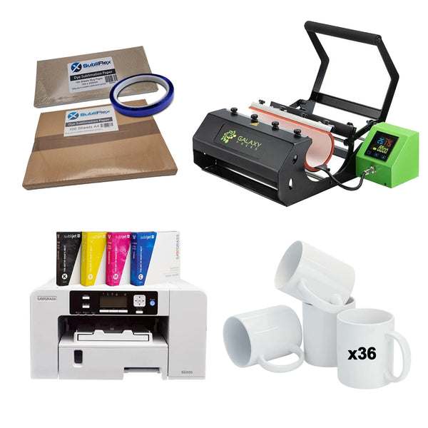 Tumbler Press Intermediate Starter Kit Sawgrass includes Galaxy tumbler heat press, Sawgrass sublimation printer, sublimation paper, tape, and 36 mugs.