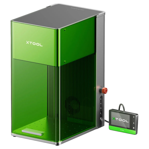 xTool F1 Ultra Laser Engraver with dual fiber and diode lasers, featuring a sleek green enclosure and control panel for high-speed metal engraving.