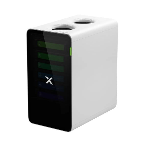 xTool SafetyPro AP2 Air Purifier with sleek white housing and dual top vents, designed for laser cutting and workshop air filtration.