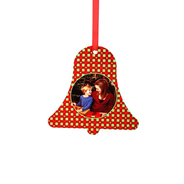 Sublimation blank Christmas bell ornament with red check pattern and custom photo insert