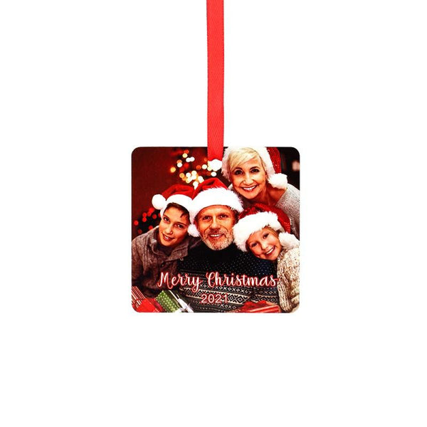 Square sublimation Christmas ornament with photo of family in Santa hats and red ribbon