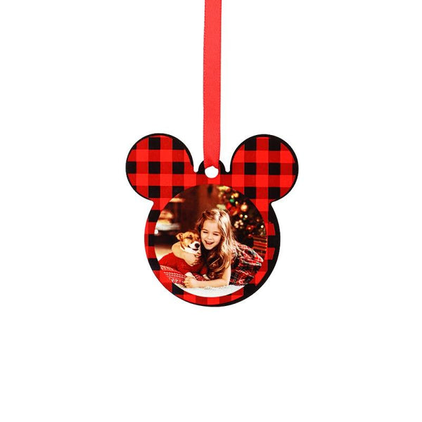 Mickey-shaped sublimation blank ornament with red buffalo plaid, photo insert, and ribbon