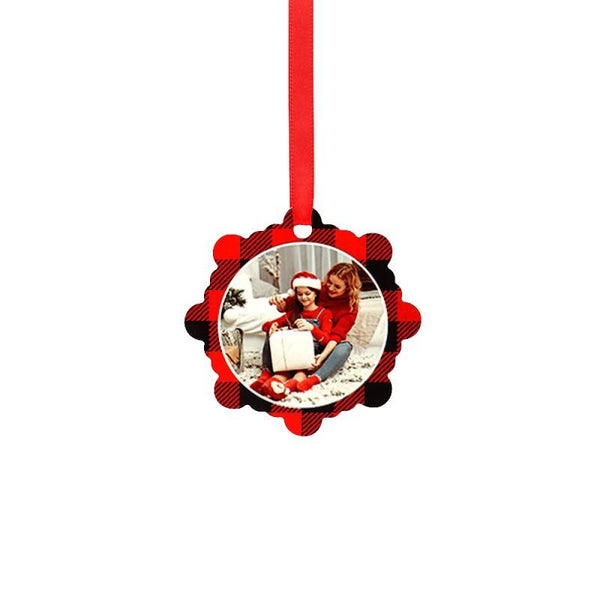 Sublimation blank Christmas ornament with plaid edge and red ribbon, photo insert center.