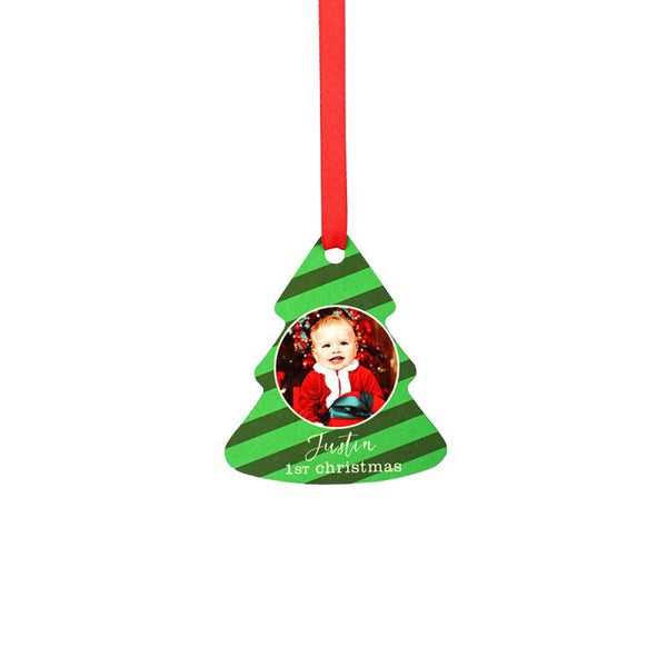 Personalised sublimation Christmas tree ornament blank with red ribbon, photo insert, green stripe design