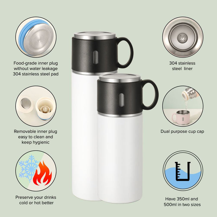 350ml Stainless Steel Bottle with Cup Lid  - White