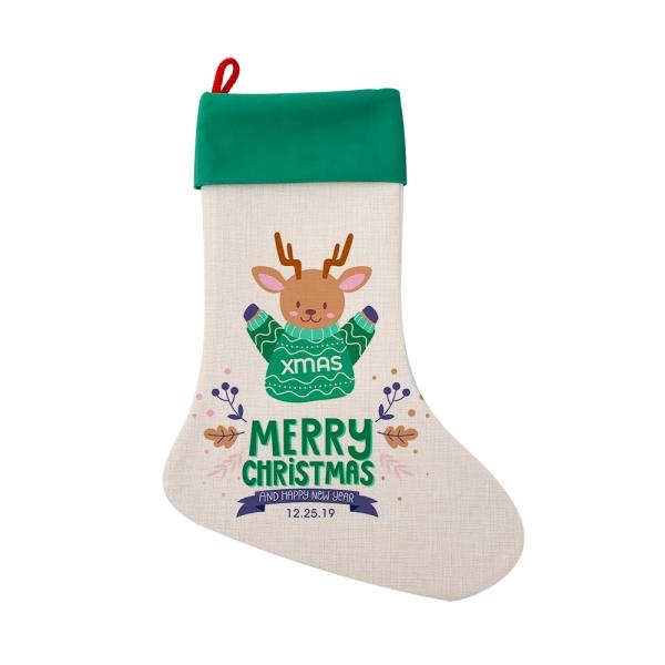 Sublimation blank Christmas stocking with cartoon reindeer and Merry Christmas design