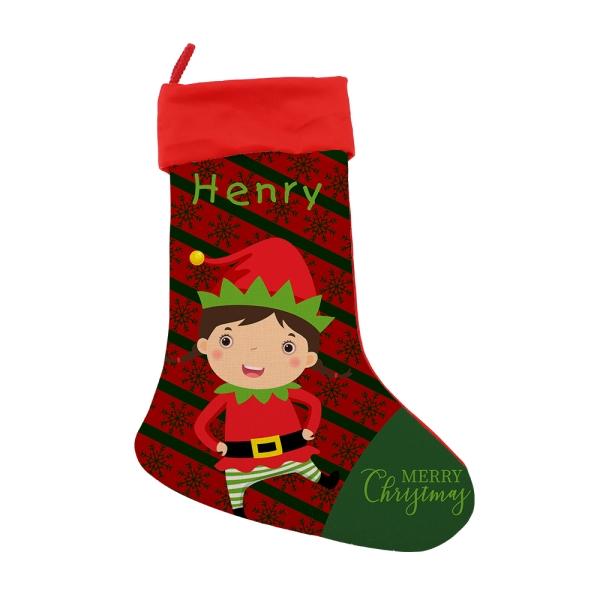 Personalised Christmas stocking blank for sublimation, red with cartoon elf and snowflake design