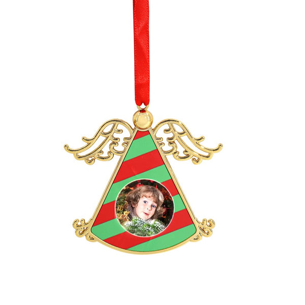 Gold metal angel-shaped sublimation photo ornament with red and green stripes, for custom engraving.