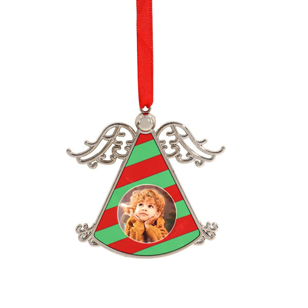 Blank sublimation angel ornament with red and green stripes and photo insert, for laser engraving.